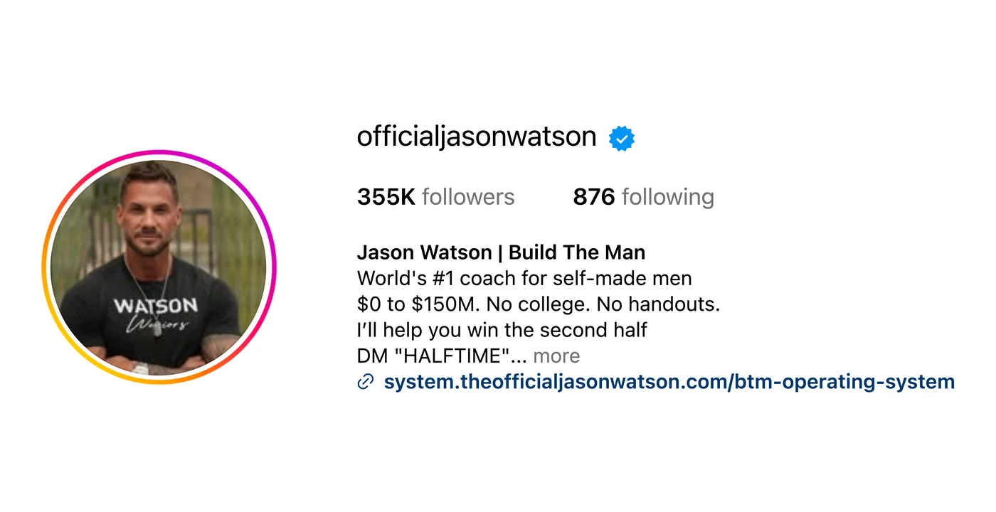Jason Watson's Instagram profile, @officialjasonwatson, 355K followers