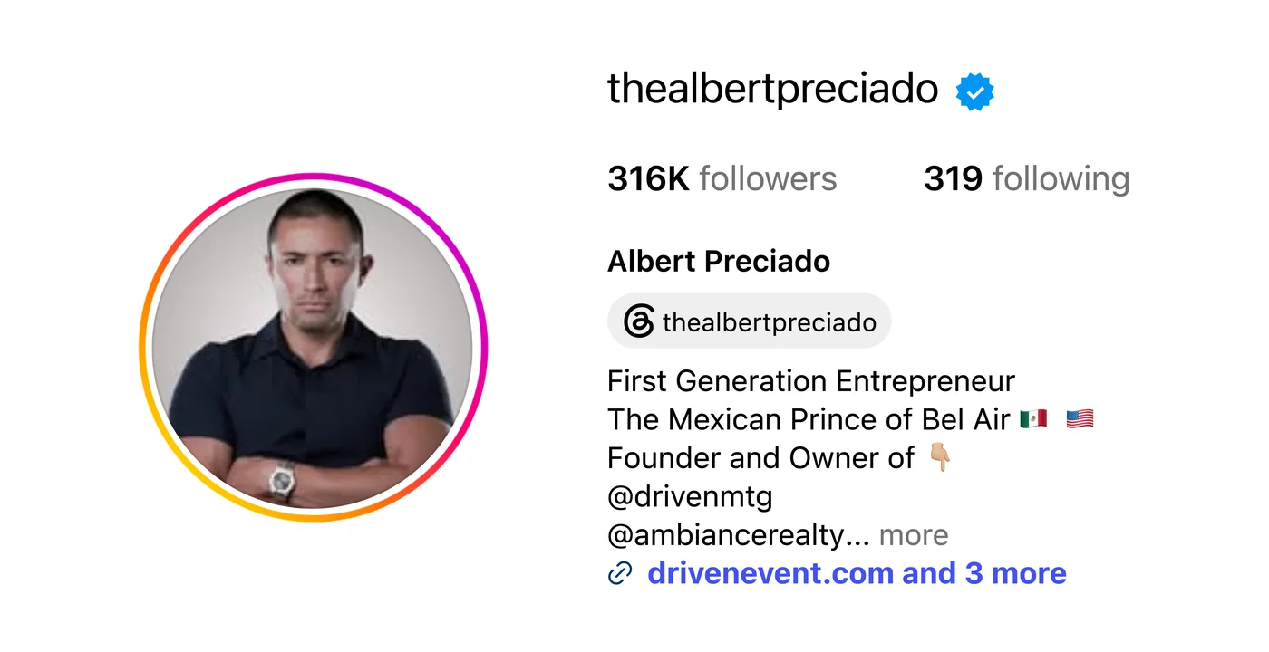 Albert Preciado's Instagram profile, @thealbertpreciado, 316K followers